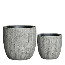 2er Set Pflanzgefäße Aus Polystone - Rund - Grau Mit Holzstruktur-Optik - Mit Einsatz - Yosan