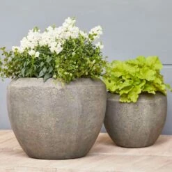 2er Set Vasen Aus Polystone - Rund - Grau - Zwena