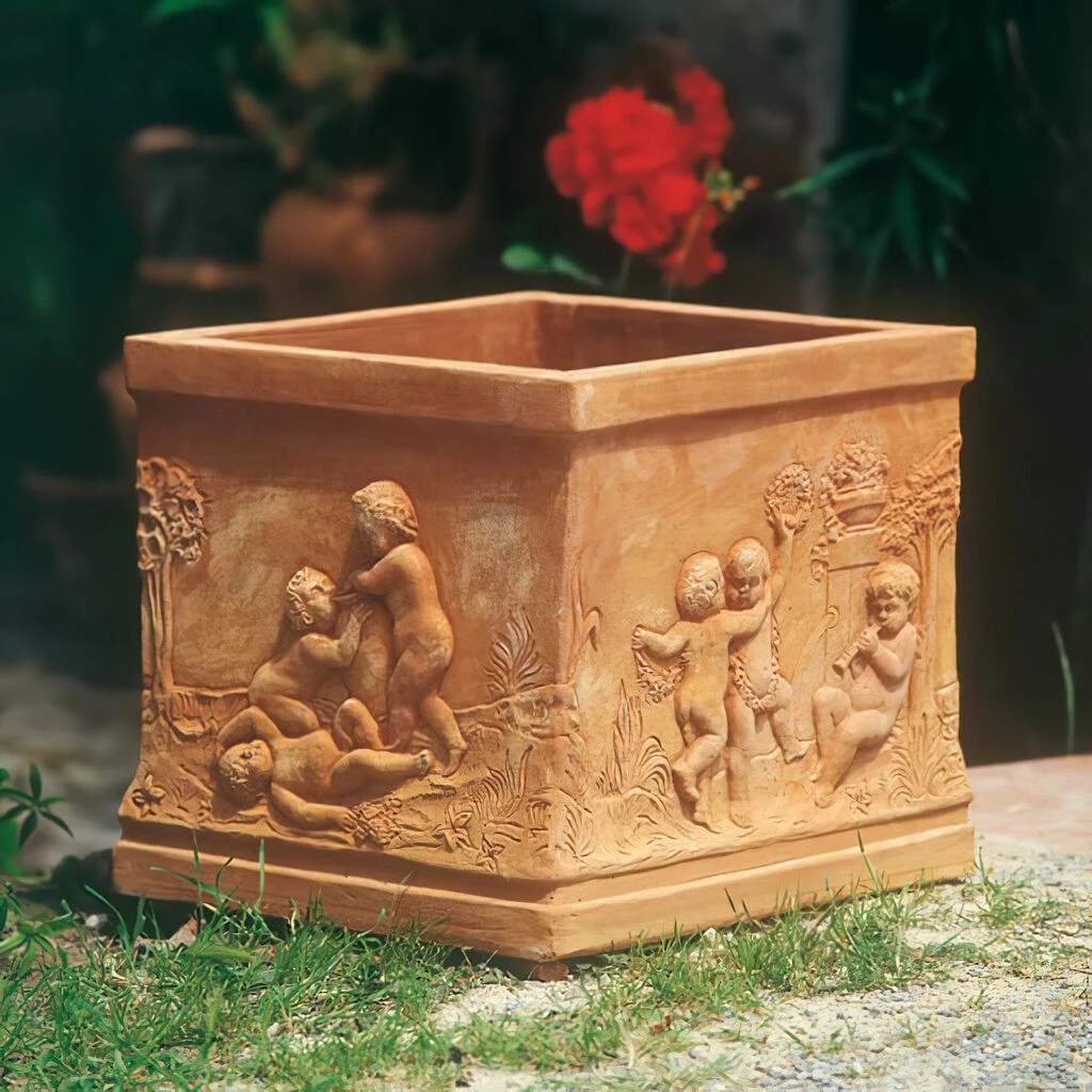 Antiker Terrakotta Pflanzkübel Mit Putten - Ubertini 3 Antiker Terrakotta Pflanzkübel Mit Putten - Ubertini