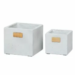 Moderne Eckige Pflanztöpfe Aus Fi-Beton Mit Holzdeko - 2er Set - Isato