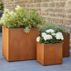 Pflanz Traum Verkaufsgeschäft 18 Rost Metall Pflanzgefäße 3er Set - Eckig Mit Einsatz - Hilo