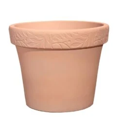 Runder Garten Blumentopf Aus Keramik Mit Schöner Olivenblatt-Verzierung - Winterfest - Terrakotta - Olea Terra Hell